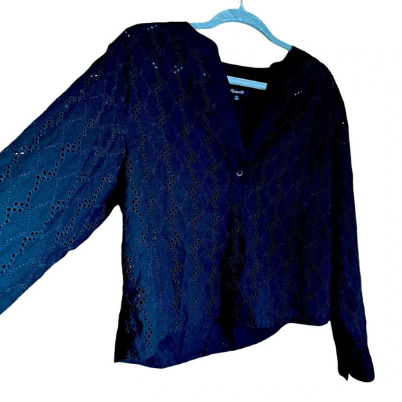 Madewell Linen Long-Sleeve Popover Top in Eyelet Black XS - Picture 3 of 8